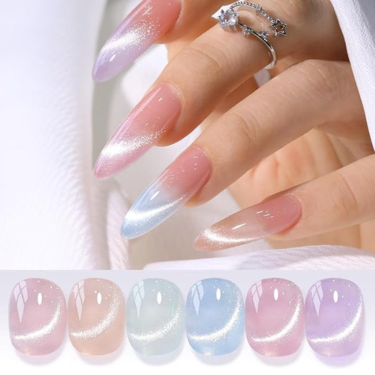 Double Rhythm 6 Colors Cat Eye Gel Polish Set Shimmer Glitter with Magnet Holographic Reflective Magnetic UV Nail Art Kit (6-Kit-47)