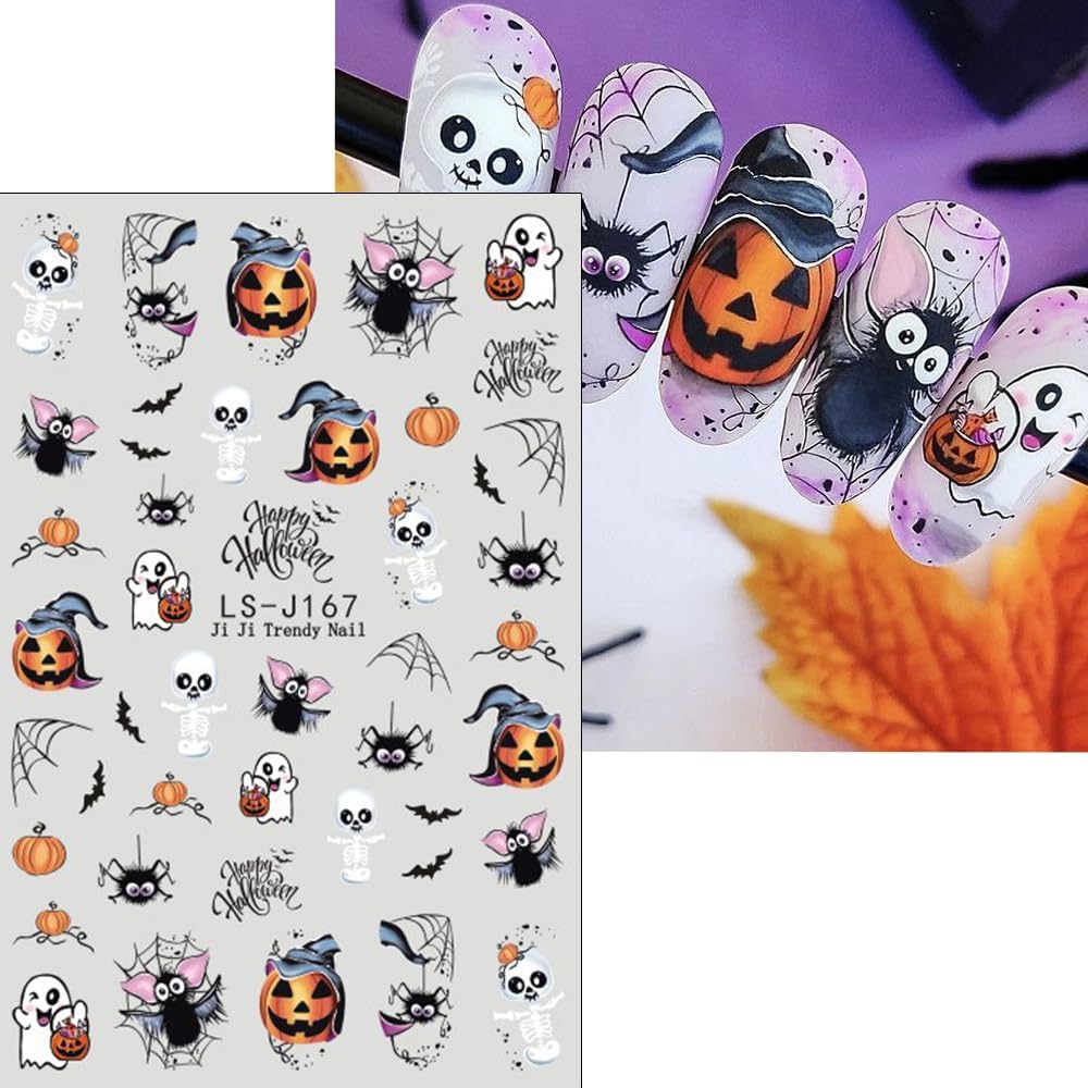 Halloween Nail Stickers Ghost Spider Web Nail Art Stickers Bat Cat Skull Flower Nail Decals Self-Adhesive Spooky Gothic Design Sticker Holiday Nail Art Decoration for Women Manicure Accessories 5Pcs
