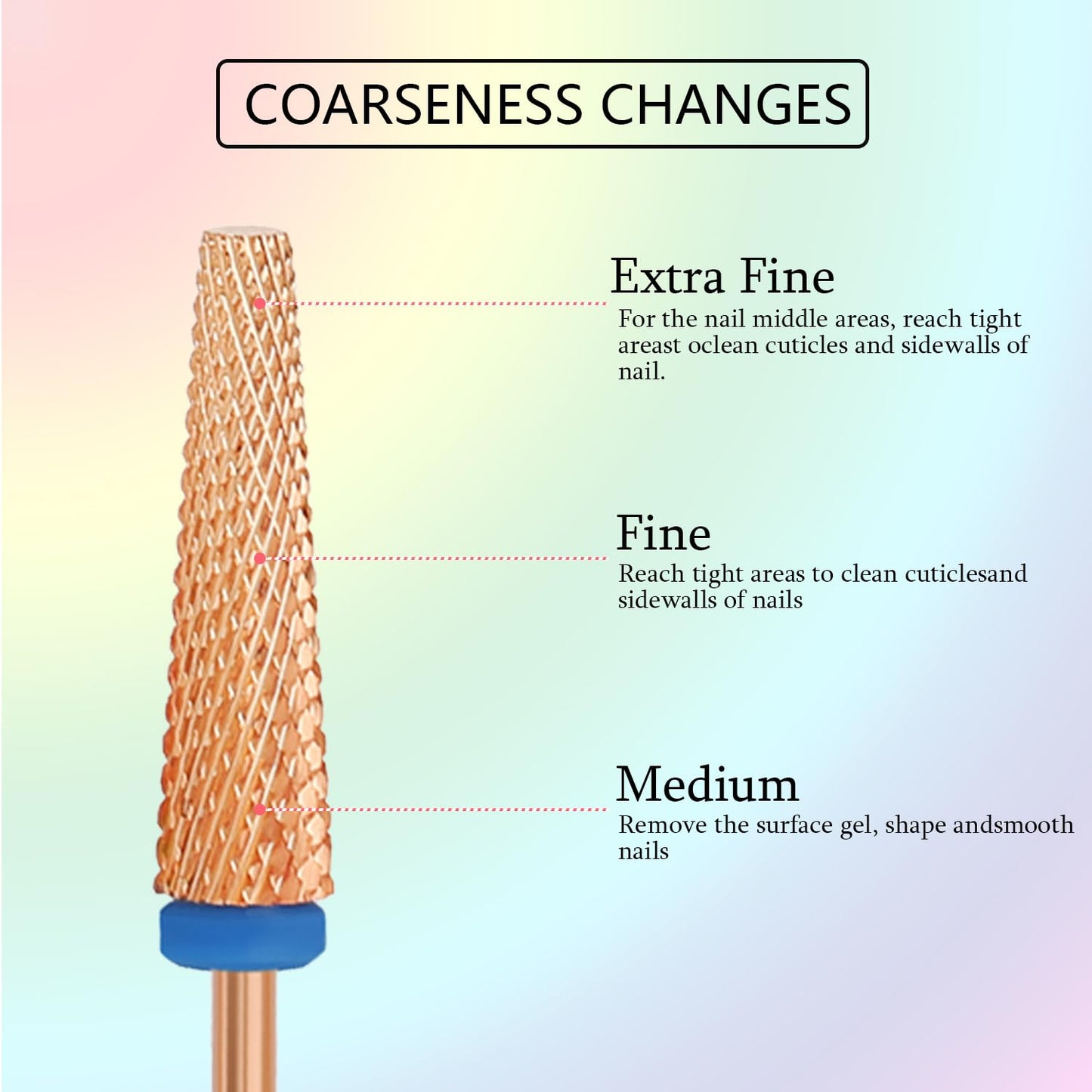 Super Long 5 in 1 Nail Drill Bits, Professional 3/32'' Carbide Tungsten Two Way Rotary Nail Cleaner Nail Bits, Suitable for Manicure Pedicure Cuticle Gel Polishing Acrylic Nails (Rose Gold, Medium-M)