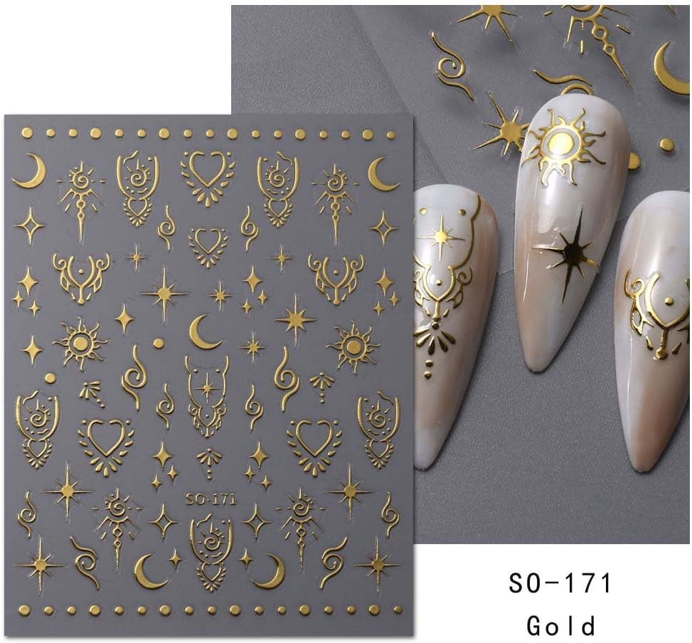 12 Sheets Metallic Nail Stickers Sun Star Nail Art Stickers 3D Self-Adhesive Shiny Laser Gold Silver Moon Rose Nail Decals Holographic Laser Glitter Nail Sticker for Women Nails Manicure Decorations