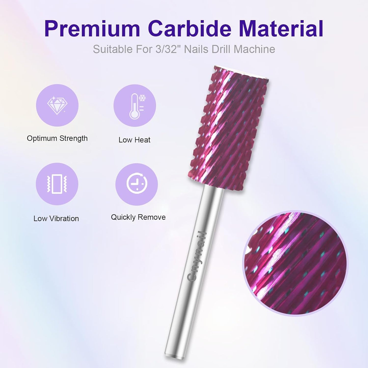3/32" Large Barrel Bit Tungsten Carbide Nail Drill Bit Safety Bit for Gel & Acrylic Removal, 2- Way Rotating Efile Tip, Salon Electric File Accessory (XC Girt, Purple)