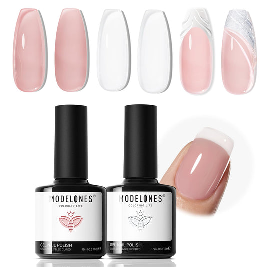 modelones Gel Nail Polish Set 2 Pcs 15ml Jelly Nude Pink and Milky White Gel Polish, French Manicure Base Gel Bubble Bath UV Soak Off Nail Gel for Nail Art, DIY Home or Salon