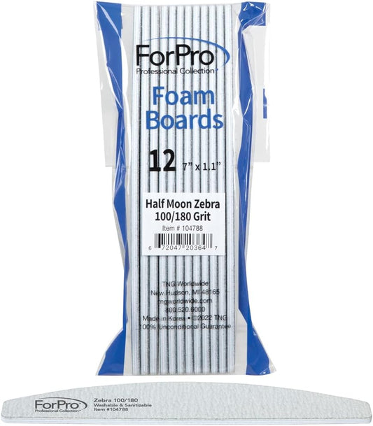 ForPro Professional Collection Half Moon Foam Boards, Zebra, 100/180 Grit, Double-Sided Manicure and Pedicure Nail Files, 7” L x 1.1” W, 12-Count (Pack of 12)