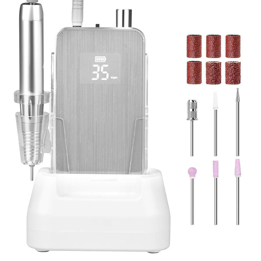 Professional Nail Drill Machine, 2-in-1 AZ GOGO 35000RPM Rechargeable Portable Cordless Nail Drills for Acrylic Gel Nails Manicure Pedicure Salon/Home Use - Coreless Motor (Silver)