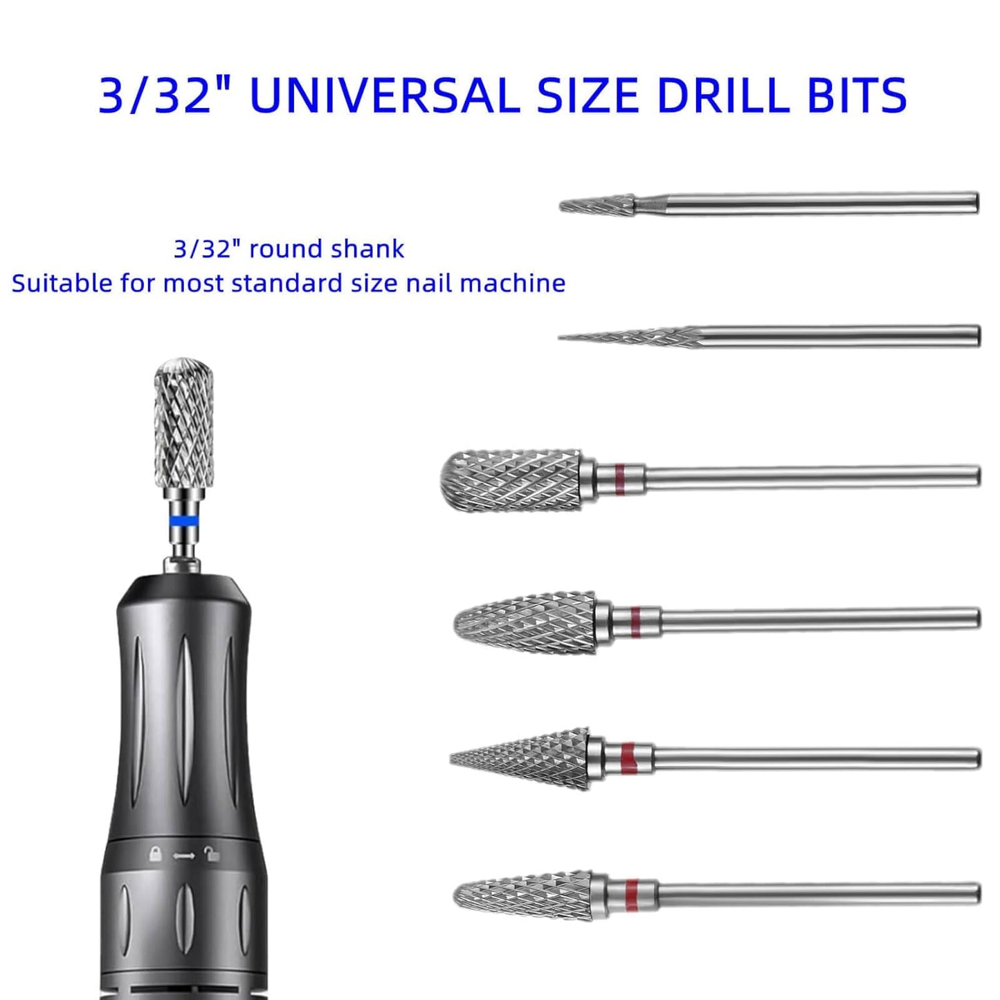 dophee 6 Pack Nail Drill Bits Set for Acrylic Nails, 3/32" Shank Electric Nail Grinding Head Polishing Remover Tool for Nail Art Salon Cuticle Cleaner, Fine Grit, Red
