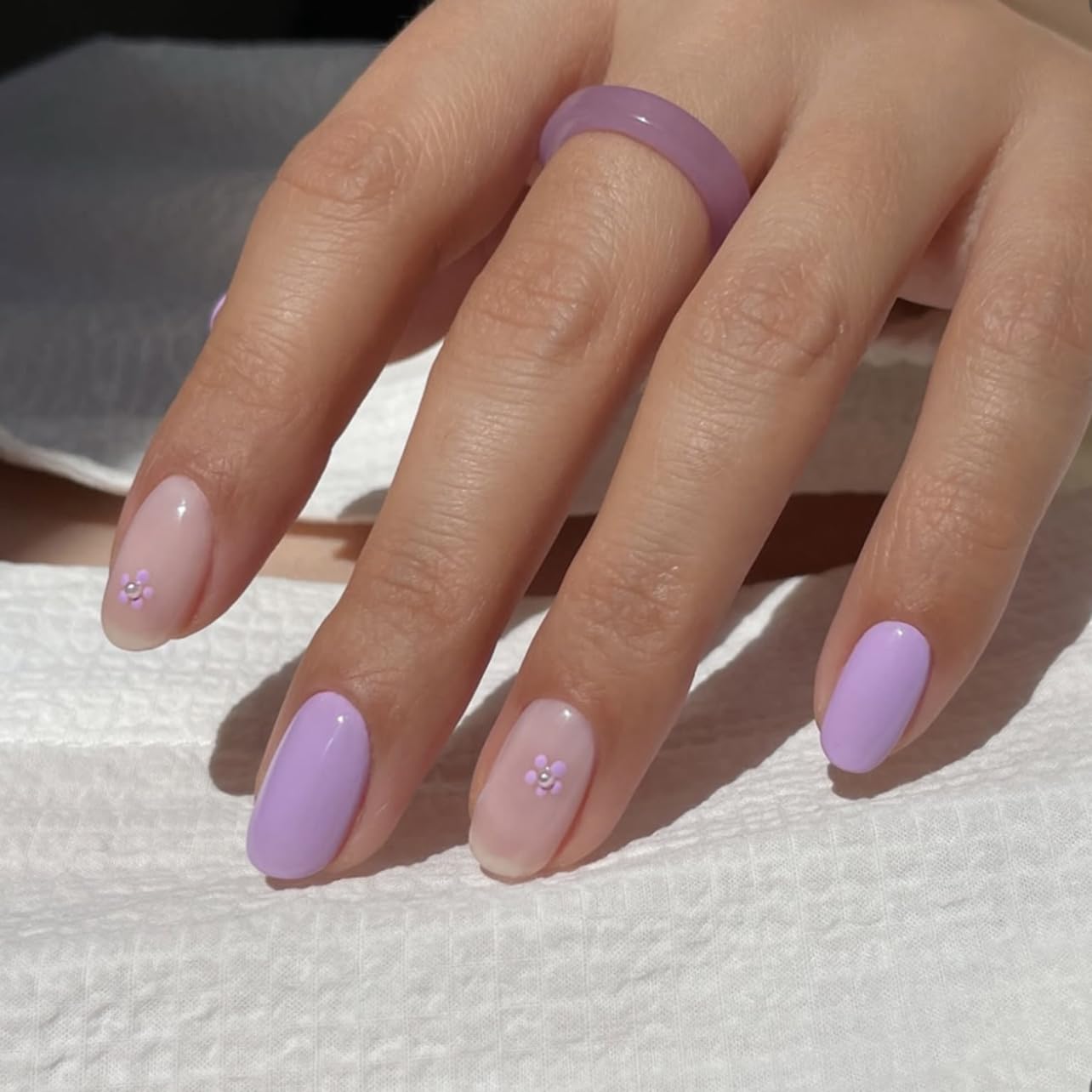 Lavender and Pink Press On Nails Square Short, Purple Flower Fake Nails with 3D Floral Design, Glossy Finish Reusable Acrylic Nails, Natural Glue On Nails Kit for Women, 24Pcs