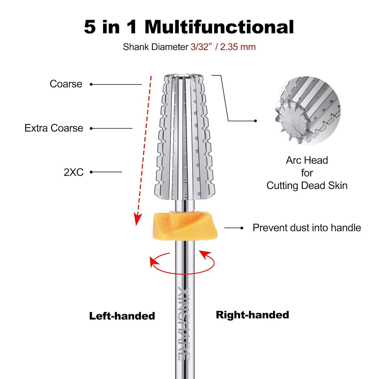 5 in 1 Nail Drill Bits 3/32" Carbide Bits Fast Remove Acrylic or Hard Gel Polishing Suitable for Manicure Pedicure Nail Art Cuticle Bits Both Left and Right Handed Two Way Rotate 2XC