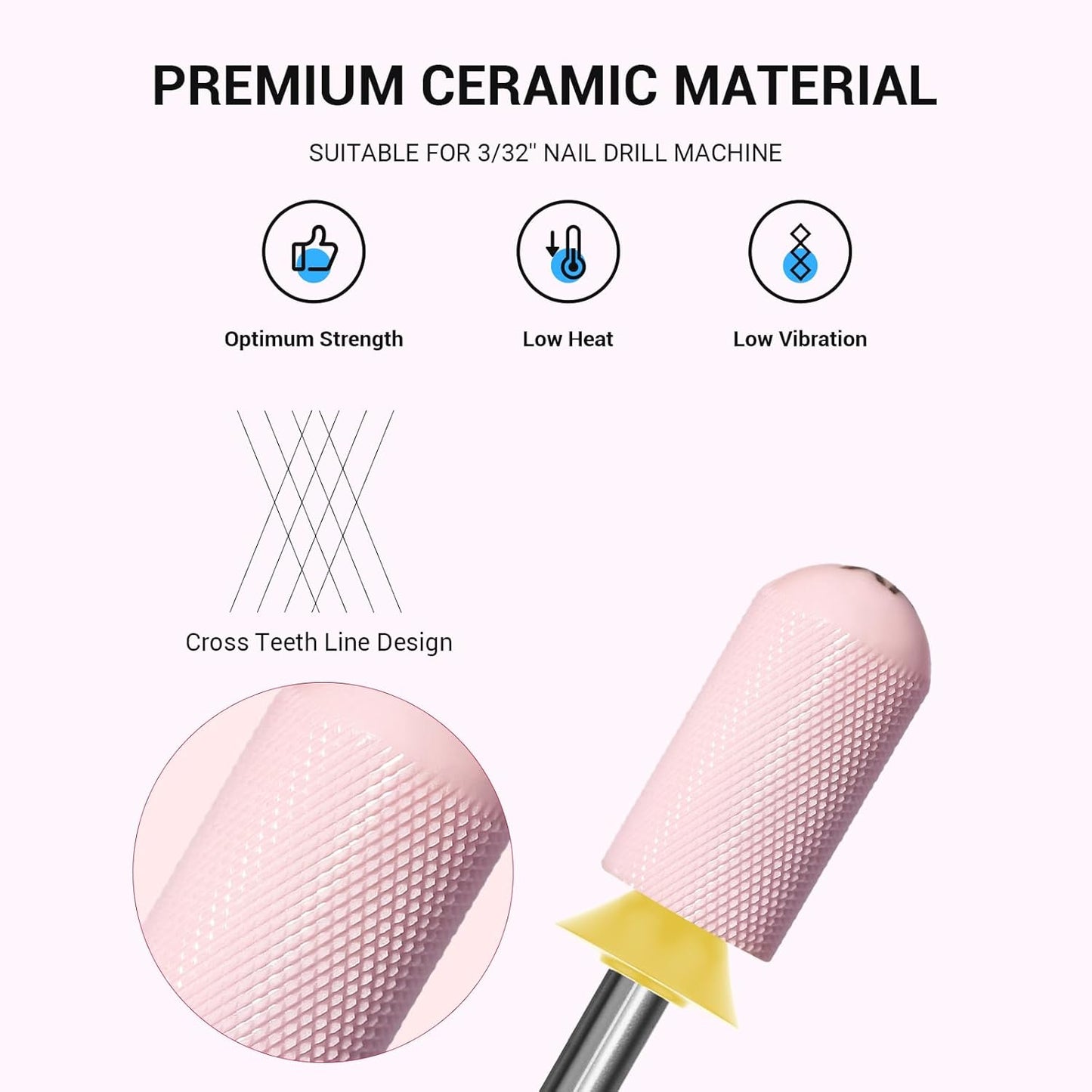MelodySusie Ceramic Nail Drill Bit, 3/32'' Smooth Round Top Large Barrel Bits, Suitable for Manicure Pedicure Cuticle Gel Polishing, Beginners Bits, Pink, Series Bit-S, Extra Fine