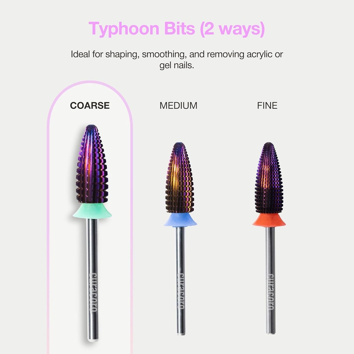 Curacoro Nail Drill Bits 3/32'' - Typhoon Bits, 2 Way, Carbide Bit (Coarse), Fast Remove, Shape & Smooth Acrylic or Gel Nails, Precise Control, for Nail Beds, Nail Art Pedicure Manicure Salon & Home
