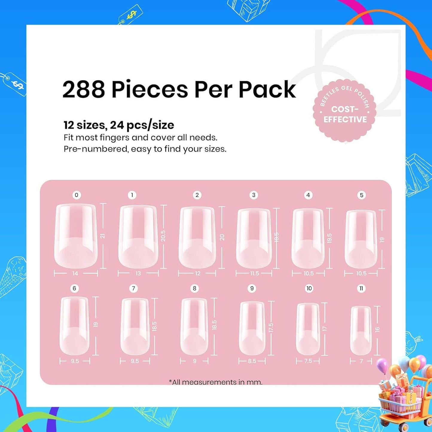 Beetles Short Square Gel Nail Tips 12 Sizes 288 PCS Half Matte Full Cover False Nails Clear Acrylic Nails Glue on Nails for Girls Women DIY Nail Extension