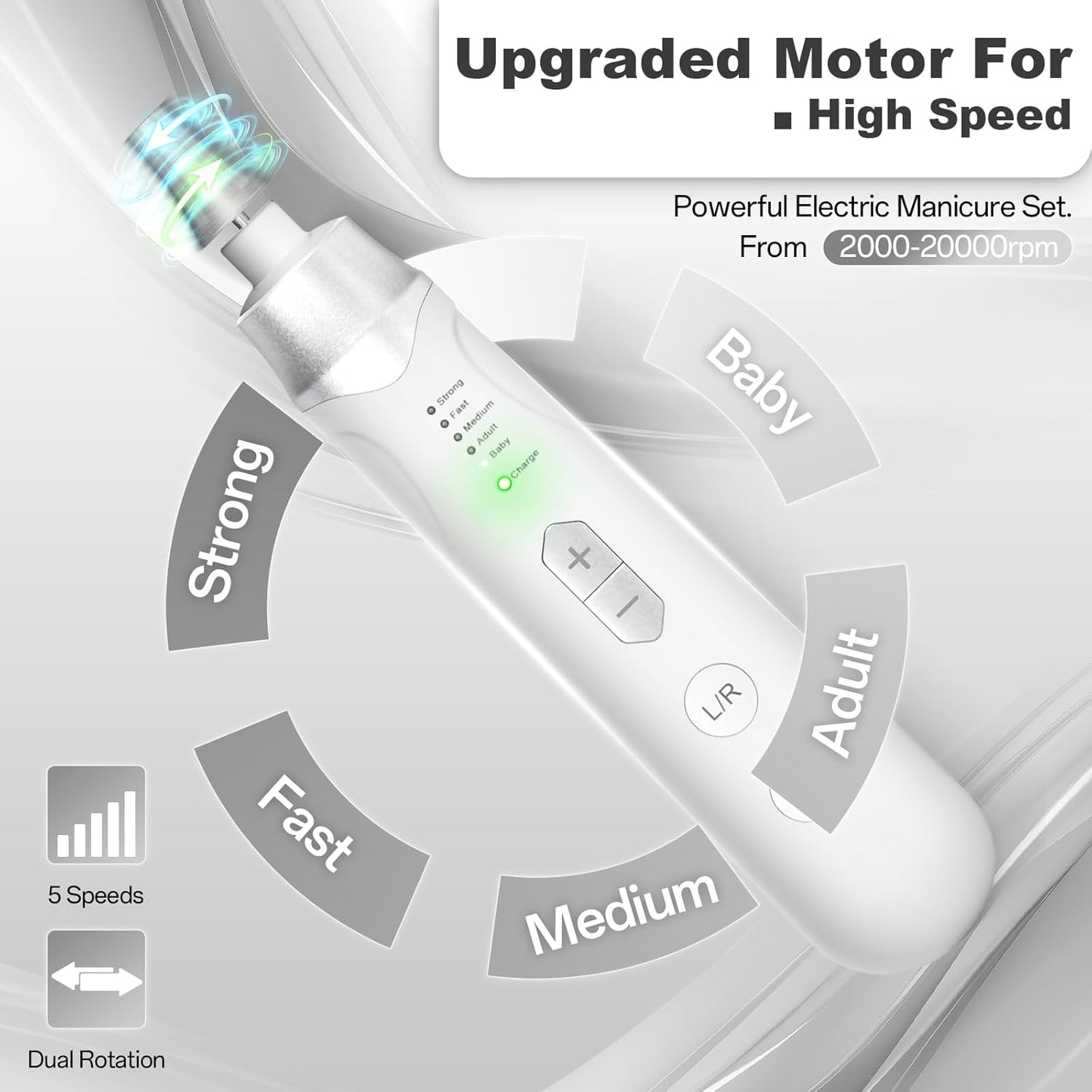 Electric Nail File Drill, Cordless 2000 mAh Rechargeable Nail Filer Electric, Portable Nail Dril Machine Drill for Nails Acrylic Manicure and Thick Toenails Buffer Grinder Care Professional (Silver)