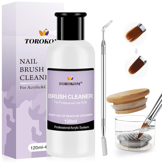 TOROKOM Acrylic Nail Brush Cleaner, 4 OZ Acrylic Brush Cleaner Nail Brush Cleaner Conditioner with Dappen Dish and Scrub Brush for Quickly Clean Gel Polish, Nail Extension Gel, Acrylic Nails Brush