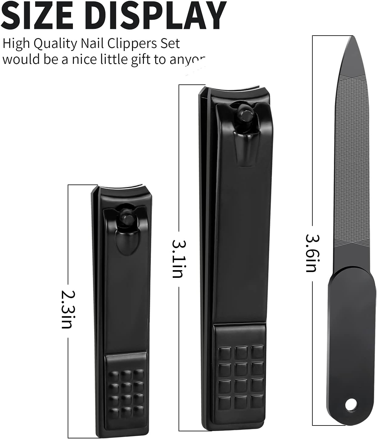 Nail Clippers Set, Sharp Stainless Steel Fingernail and Toenail Clippers, Nail Clippers for Thick Nails or Ingrown Nails, Perfect 3 PCS Black Nail Cutter for Men/Women/Kids, Set Include Nail File.