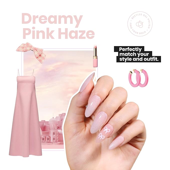 Beetles Nail Strengthener Polish - Dreamy Pink Haze Color Nail Polish Fast Drying for Nail Growth and Strengthener Dreamy Pink Haze Holographic Nail Art 15ml