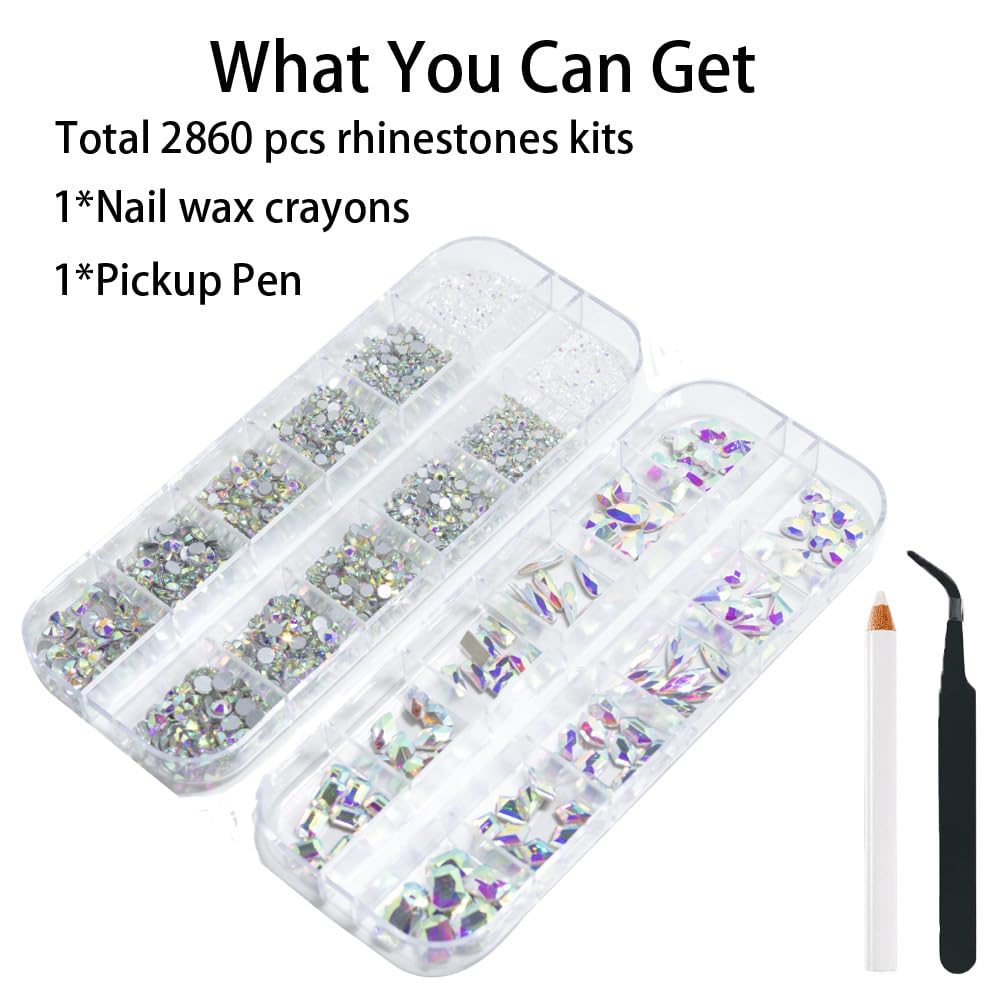 2680Pcs AB Nail Rhinestones, Big Colorful AB Nail Charms, Diamond Gems Stones with 2560Pcs AB Flatback Round Beads, Clear Acrylic Colored Glass Jewelry for Nails Faces Eyes Makeup Decoration