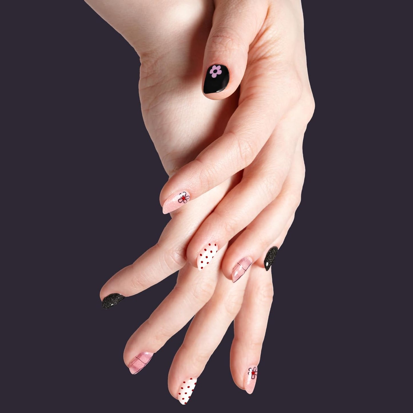 Semi Cured Gel Nail Strips-Variety Press on Nails Set Floral Print, Polka Dot & Minimalist Design, Short Almond Semi Gel Nails, French Manicure Alternative(Floral Fantasy）