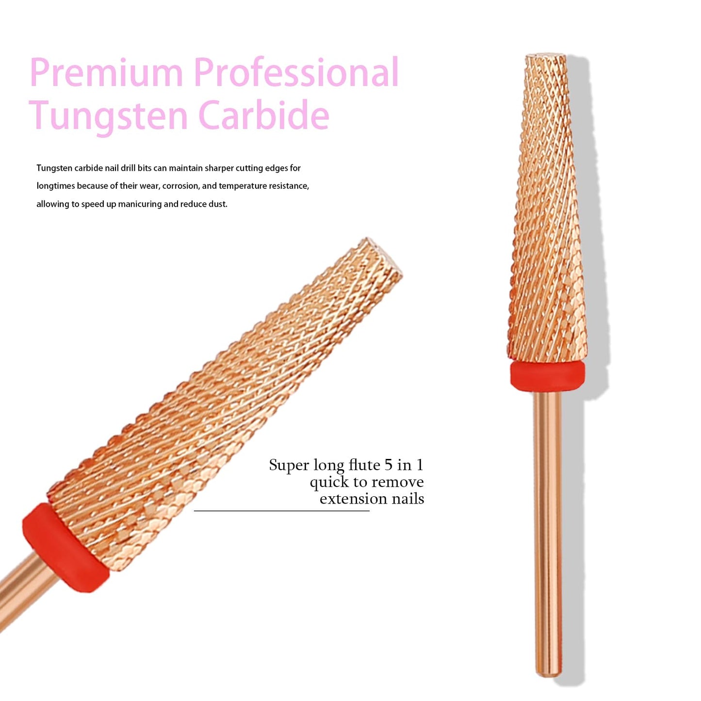 Super Long 5 in 1 Nail Drill Bits, Professional 3/32'' Carbide Tungsten Two Way Rotary Advanced Safety Bits, Fast Remove for Manicure Pedicure Cuticle Acrylic Nails (Rose Gold, Fine-F)