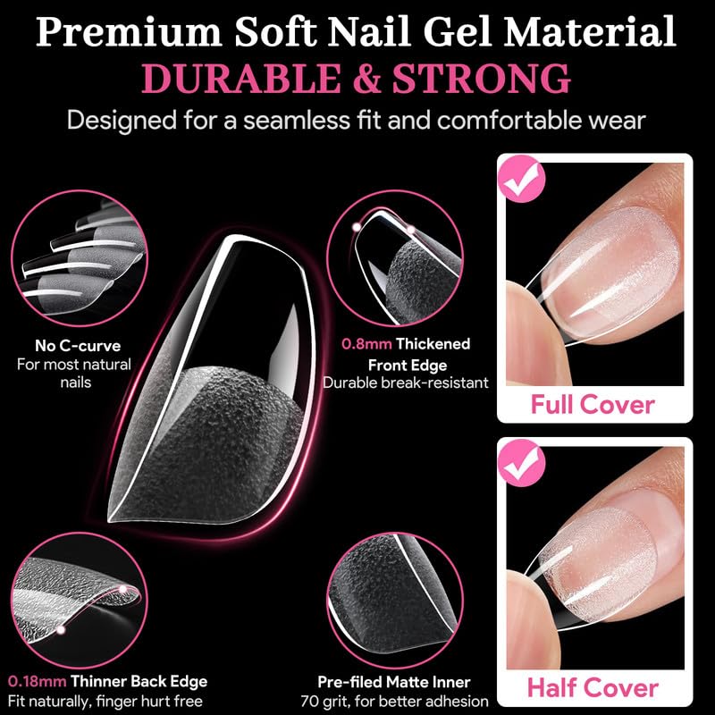 Extra Short Coffin Fake Nail Tips, 15 Sizes 240 PCS Clear Half Matte Press On False Nail Pre-shaped Half Soft Cover Gel Nail Tips Extensions Thick Long Lasting for DIY Beginners & Salon Manicure