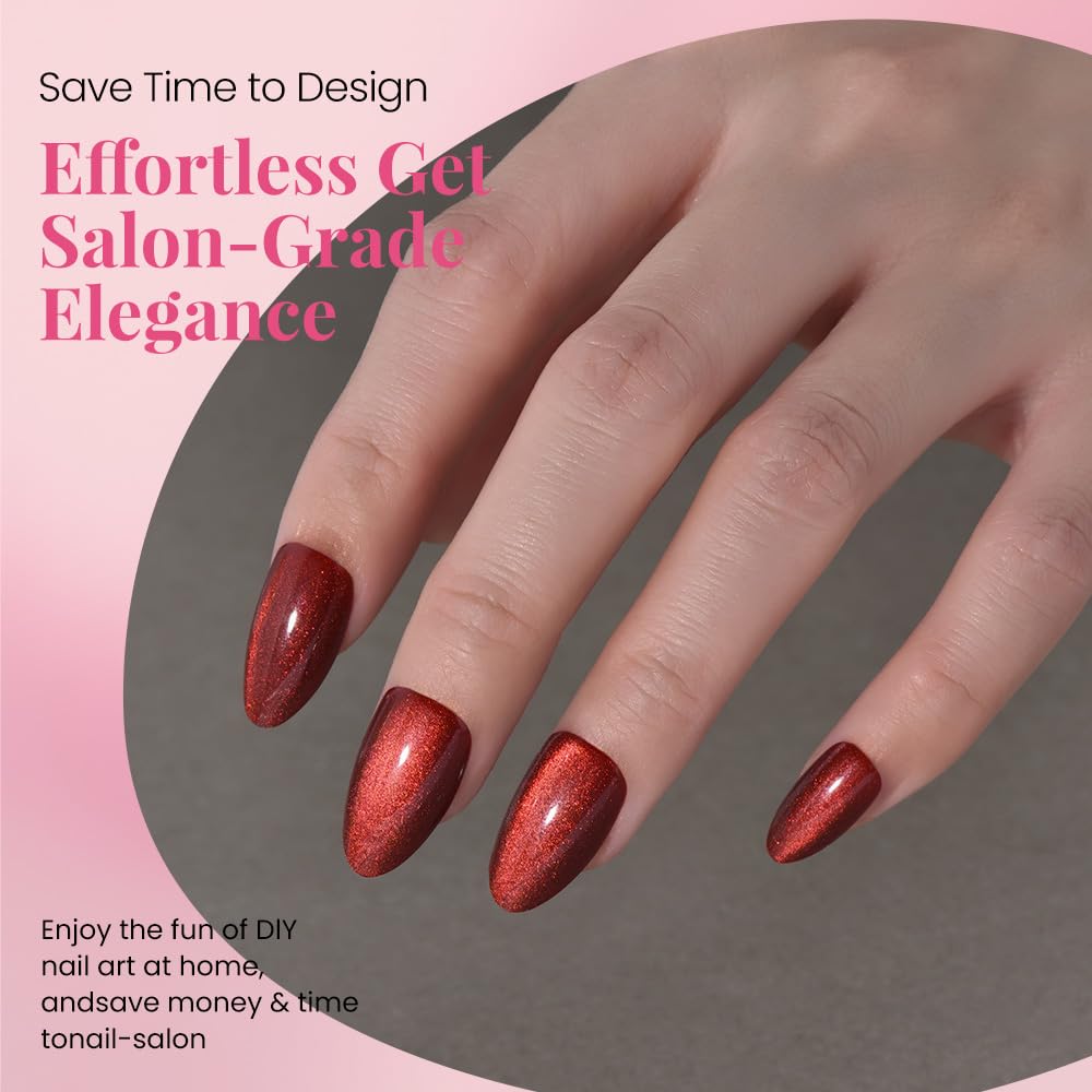 evpct Dark Red Press on Nails Almond Short, Dark Cherry Red Cat Eye Glitter Press on Nails for Women Gift, Soft Gel Press Glue On Nail with Nail Glue, Full Cover, 30Pcs Reusable Acrylic Fake Nails Kit