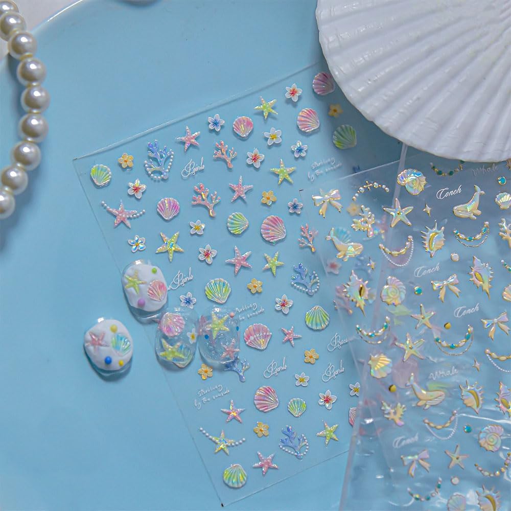 Holographic Ocean Theme Nail Art Decals, 2 Sheets, Self-Adhesive Stickers with Seashells, Dolphins, Starfish, Coral Design for Women's Nail Decoration