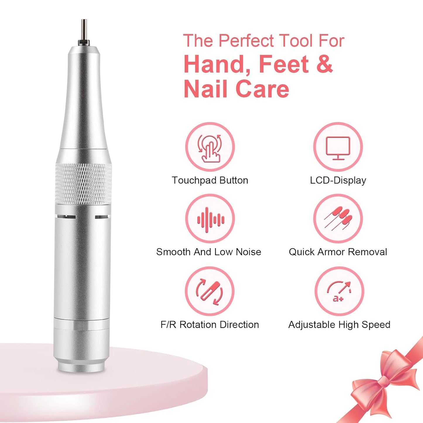 Electric 45000RPM Nail Drill Machine Rechargeable Portable Nail File Electric DIY Nail Drill Kit with Smart LCD Screen for Gel Nail Manicure and Pedicure Reflective Body etc (Yellow)