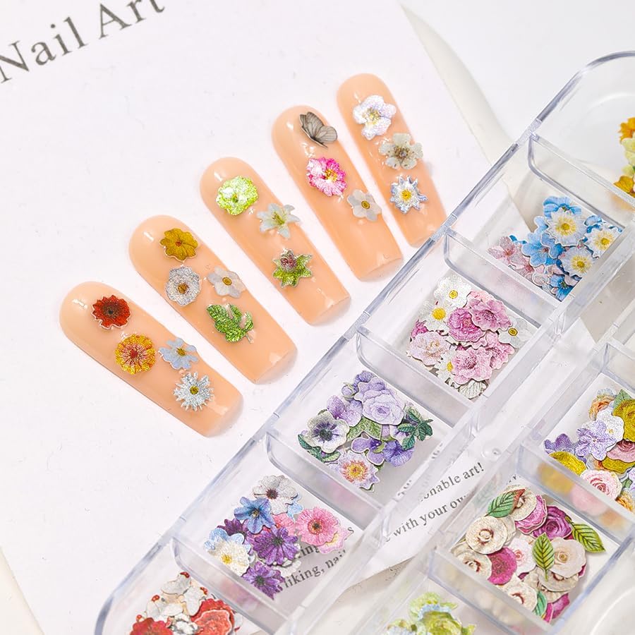 300pcs 3D Flower Nail Art Sequins Decals Colorful Mixed Flowers Leaves Design Slice Nail Flowers Ultra Wood Pulp Flakes Sequins 2