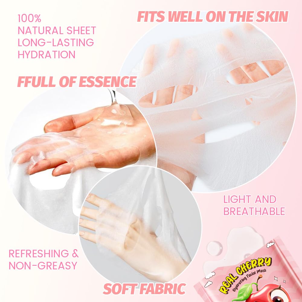 8 PCS Real Hydrating Nature Face Masks Skincare, Hyaluronic Acid, Vitamin C and E, Chamomile, Korean Beauty Essence Facial Paper Sheet Mask for Skin Care Moisturizing (Cherry)