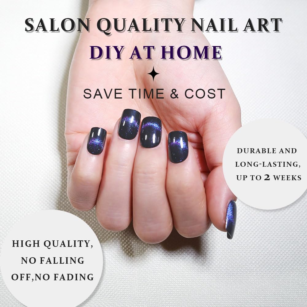 evpct Dark Blue Cat Eye Extra Short Press on Nails Square, Petite Short Square Glue on Nails for Women Gift, Smile Purple Metallic Glitter Glossy Reusable Gel Press on Acrylic Fake Nail with Designs