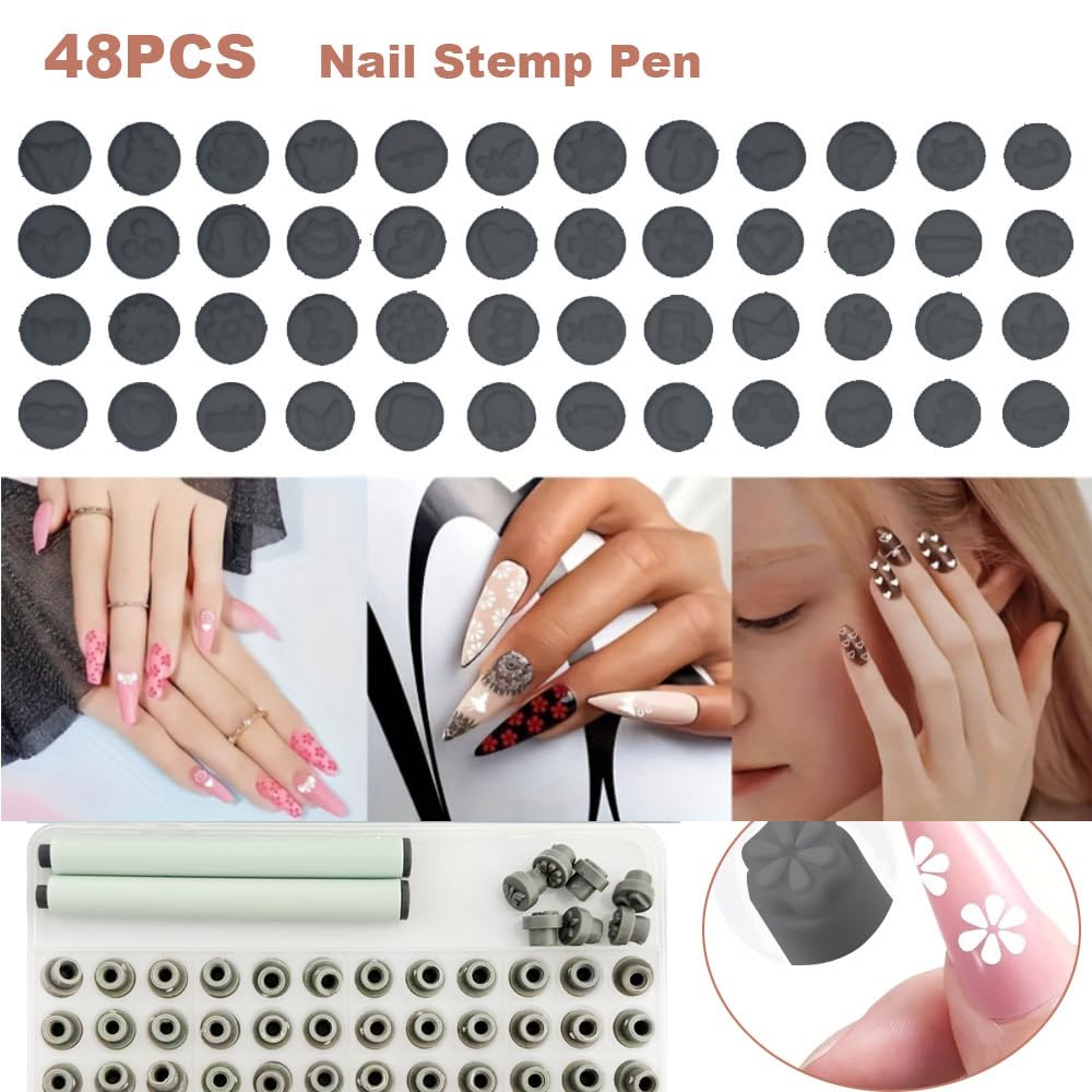 48 Pcs Nail Stamp Pen Set, Nail Art Pens, Quick Nail Art Tools with Different Patterns, Flower Butterfly Rose DIY Nail Stamping Pen Kit, Nail Design Tools for Women (green)