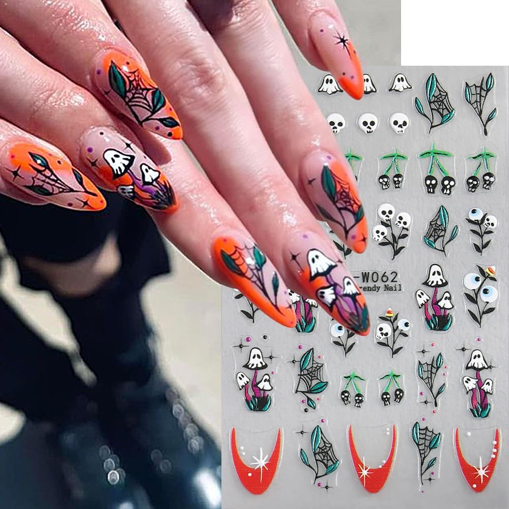 4 Sheets Halloween Nail Art Stickers 3D Self-Adhesive Goth Nail Stickers Flower Skull Ghost Designs Skeleton Nail Decals Nail Art Supplies for Women Acrylic DIY Halloween Holiday Nail Decoration DIY
