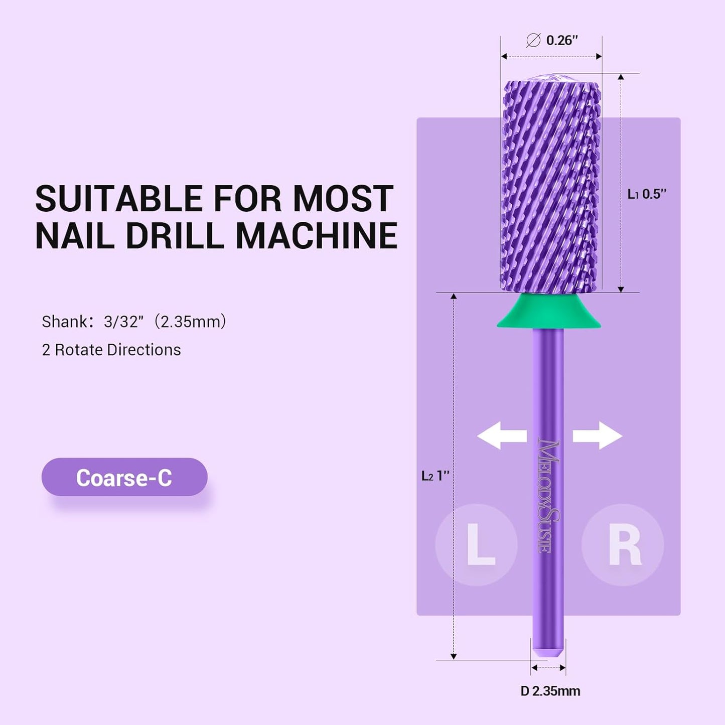 MelodySusie Large Barrel 3/32'' Tungsten Carbide Nail Drill Bit, Crystal Top Purple Heart Shape, Fast Remove Acrylic Gel, Cuticle Gel Polishing for Manicure Pedicure, Purple, Series Bit-S, Coarse