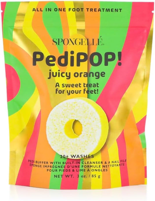 Spongellé Juicy Orange PediPOP! Pedi Buffer & Nail File | All-in-One Pedicure Treatment | Exfoliates, Softens & Cleanses | 30+ Washes | Vegan & Cruelty-Free