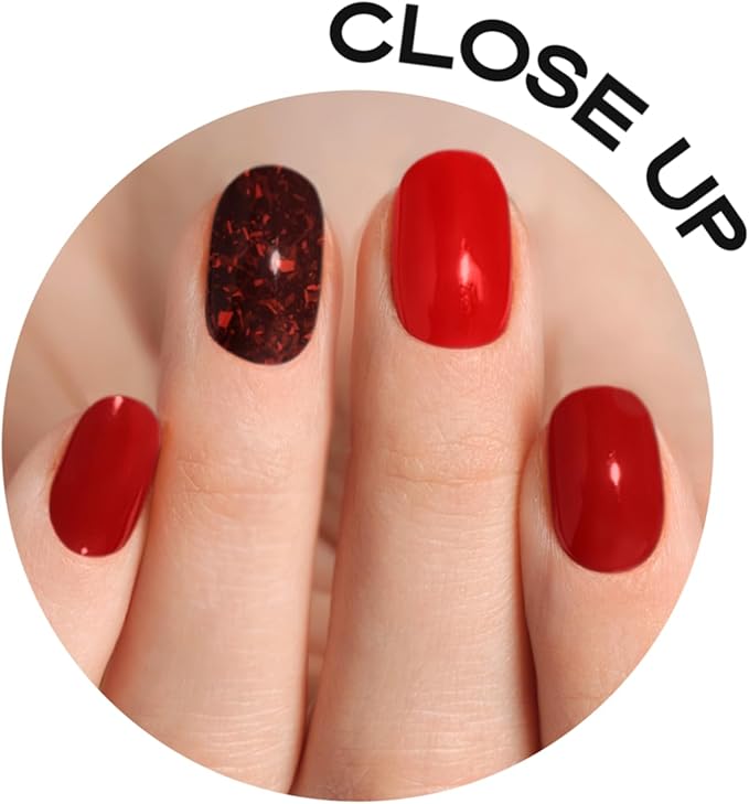 Semi Cured Gel Nail Strips with 30 Pieces - Salon Quality Manicure Kit for Women Easy Application Wraps Includes Prep Pads Nail File Wooden Stick, UV Light Required (Flake Ruby)