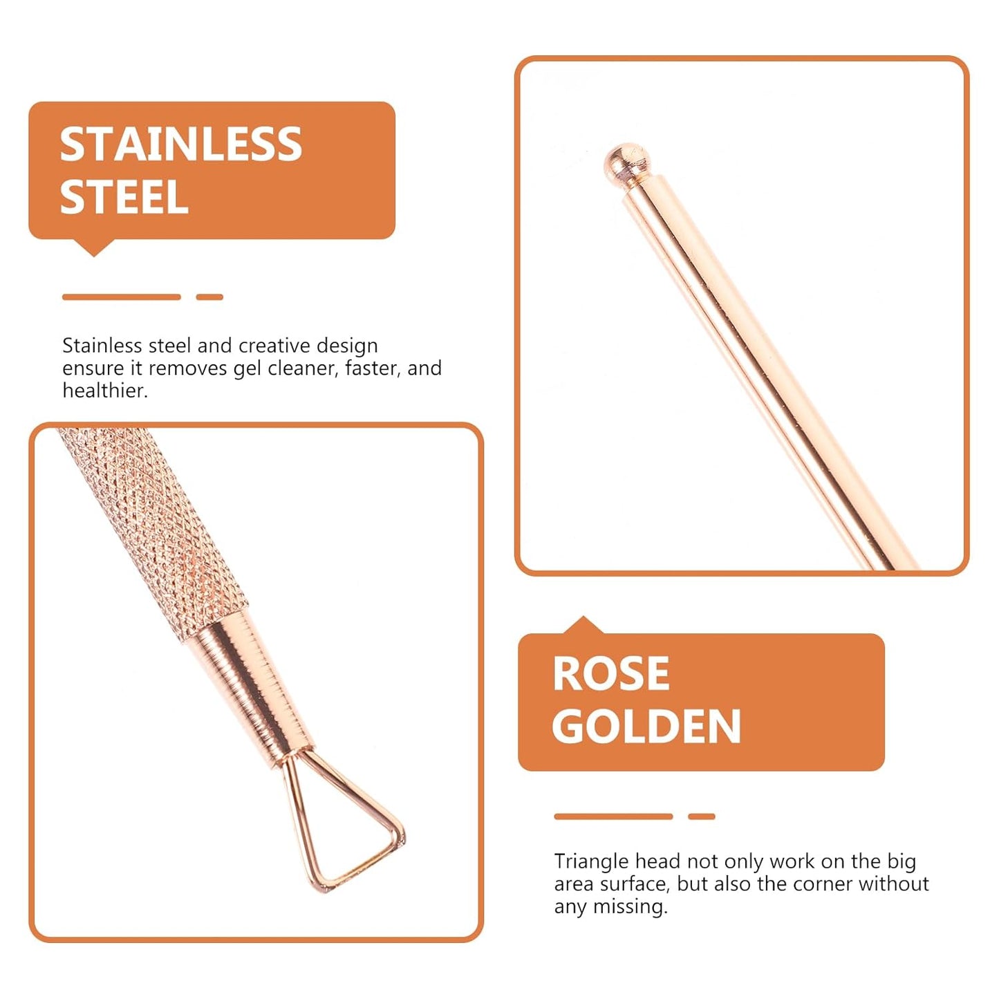 Uonlytech 4 Pcs Stainless Steel Cuticle Pusher Triangle Cuticle Peeler Scraper Gel Remover Nail Polish Nail Art Remover Tool for Manicure Beauty Salon(Rose Golden)
