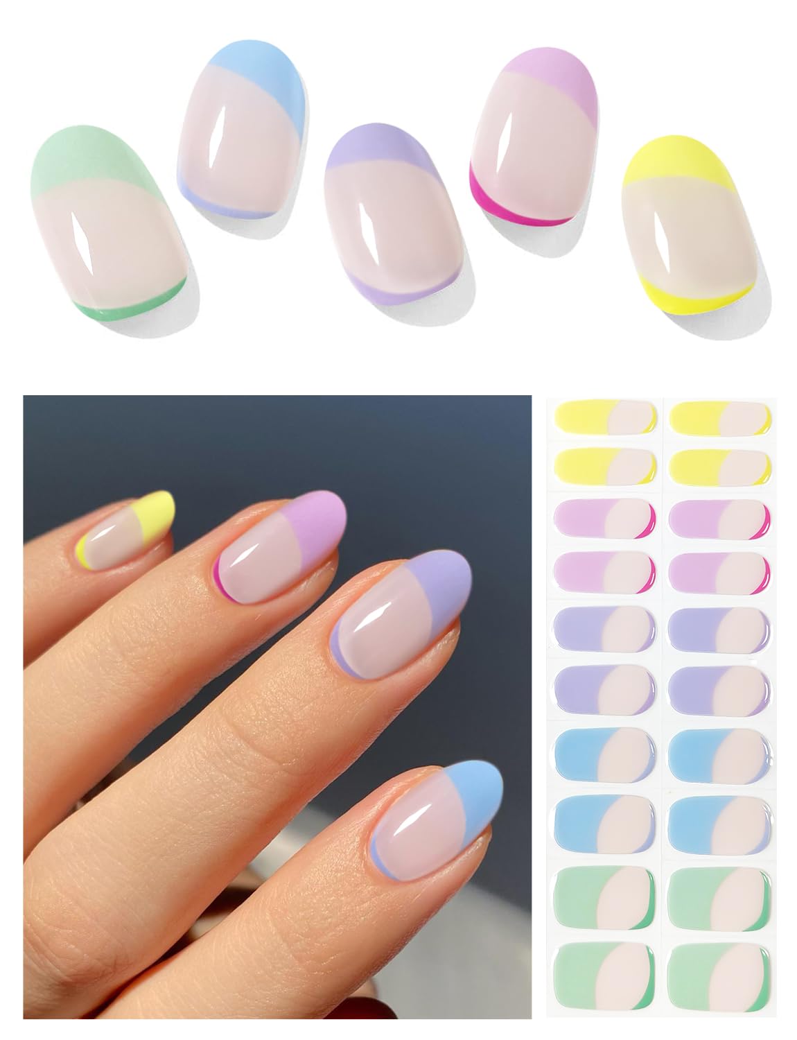 Semi Cured Gel Nail Strips (Macaron French 02), 20 Pcs Gel Nail Wraps, Stickers, UV Light Required, Salon Quality, Long Lasting