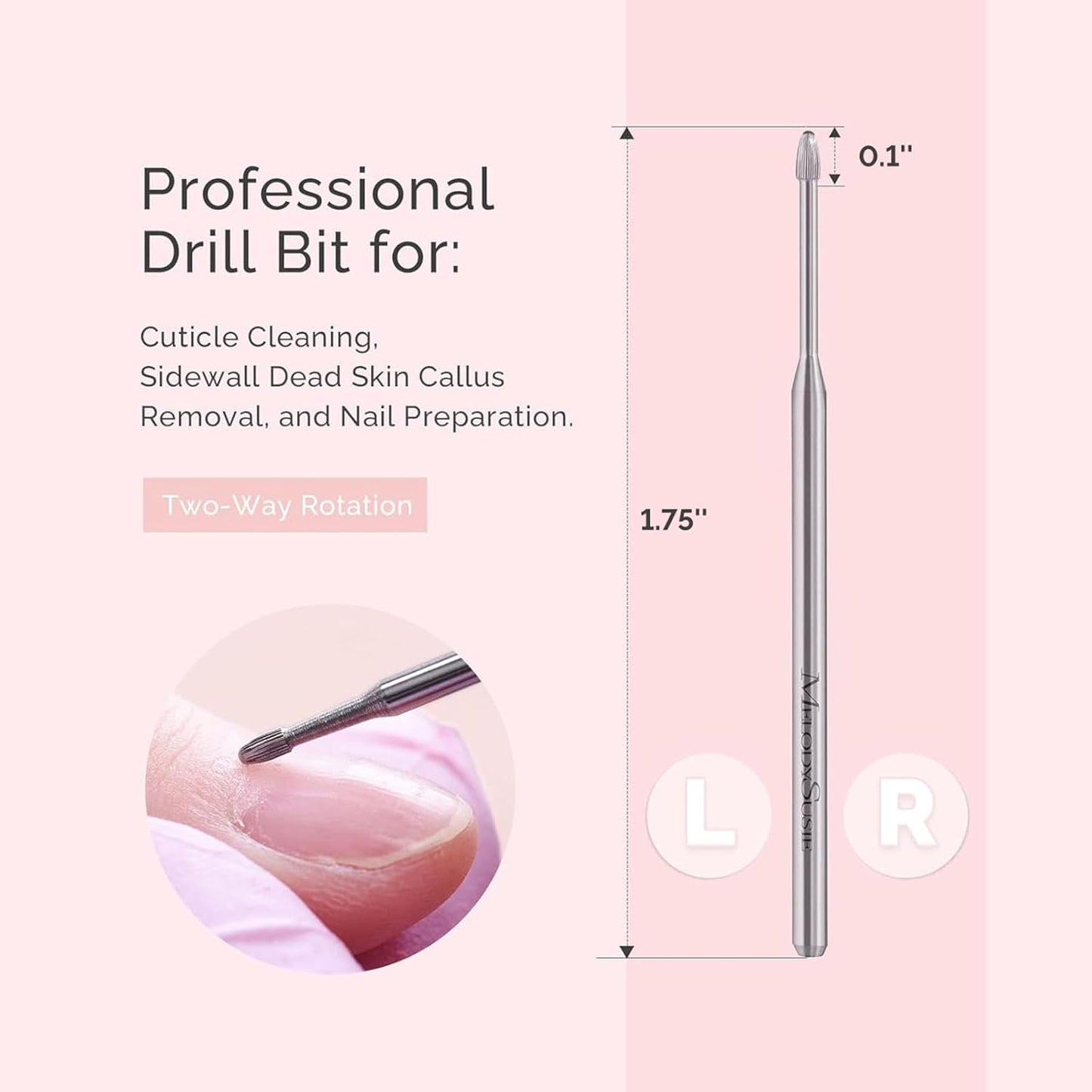 MelodySusie Cuticle Clean Nail Drill Bit 3/32'', Professional Safety Carbide Under Nail Cleaner Nail Bit for Cuticle Dead Skin Nail Prepare, Two Way Rotate, Manicure Nail Salon Supply(Silver, Medium)