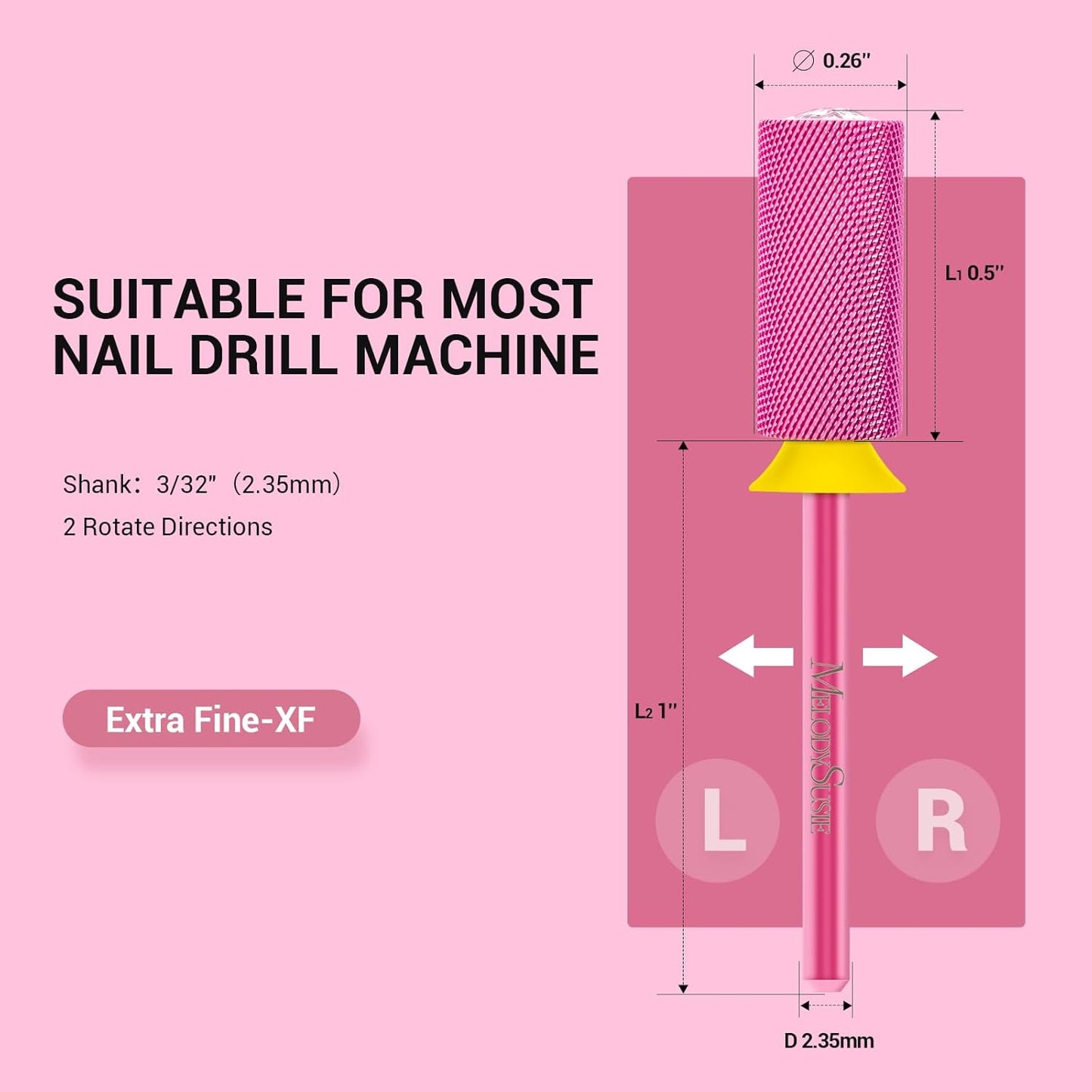 MelodySusie Large Barrel 3/32'' Tungsten Carbide Nail Drill Bit, Crystal Top Pink Heart Shape, Fast Remove Acrylic Gel, Cuticle Gel Polishing for Manicure Pedicure, Pink Blossom, Series Bit-S, XF