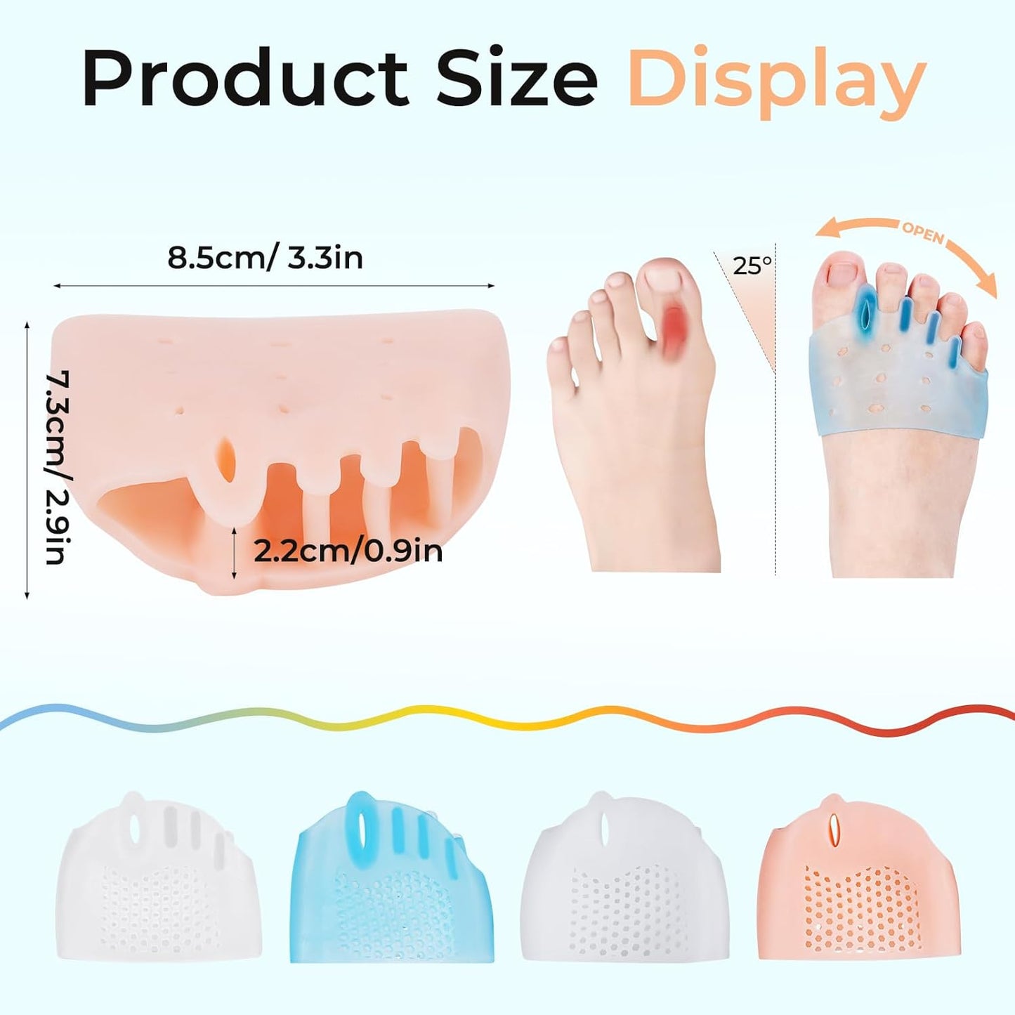 Silicone Toe Separators for Women & Men, 4 Packs Toe Separators Bunion Corrector Cushion, Breathable Soft and Comfortable Gel Foot Cushions, Multiple Colors (4 Pairs)