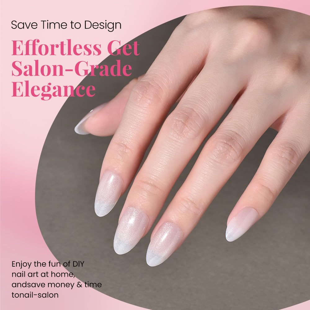evpct Cat Eye Press on Nails Almond Short, Cat Eye Stick on Nails Press on, Pearl White Glitter Short Almond Press Glue on Nails, Fake Nails Press ons with glue, 30Pcs Reusable Acrylic Fake Nails Kit