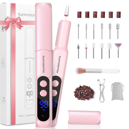 Rechargeable Electric Nail Drill Machine, Cordless Professional Nail File with LED Display for Acrylic Gel Dip Powder Nails, Efile Polishing Tools with Nail Drill Bits for Manicure and Pedicure (Pink)