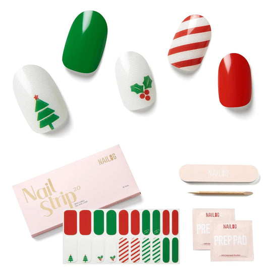 NAILOG 20 Pcs Gel Nail Strips - Extra Long Nail Wraps with Glossy Gel Finishing Green, Festive Fir