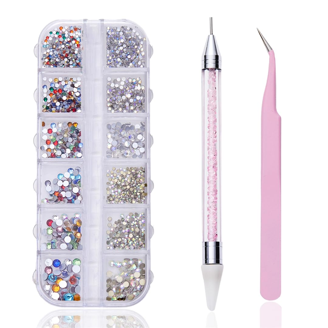 12 grid flat back Rhinestones with Tweezers and Wax Pencil Gems , DIY decorative Nail Face and apparel accessories (mixed color,crystal AB and starry sky)