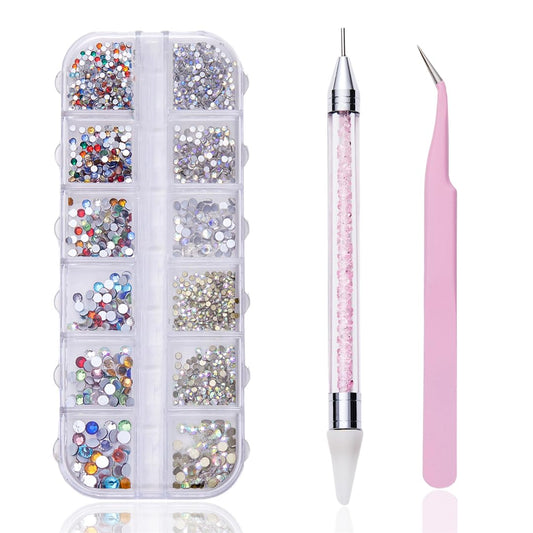 12 grid flat back Rhinestones with Tweezers and Wax Pencil Gems , DIY decorative Nail Face and apparel accessories (mixed color,crystal AB and starry sky)