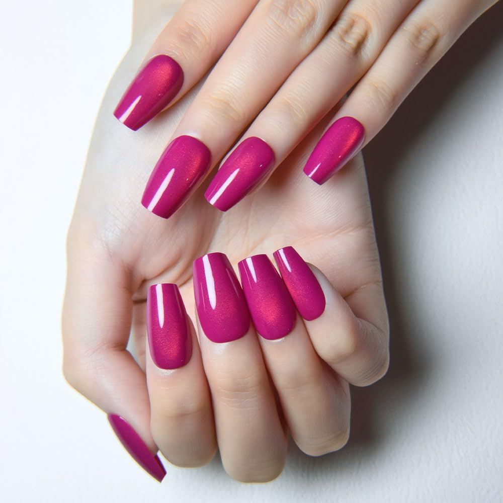 evpct Purple Red Cat Eye Coffin Press on Nails Square Medium, Medium Square Glue on Nail for Women, Purple Red Metallic Glitter Glossy Reusable Summer Soft Gel Press on Acrylic Fake Nail with Designs