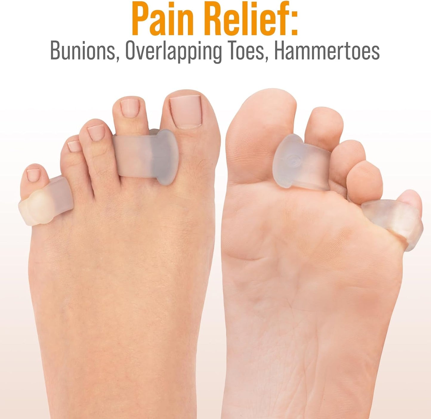 5 STARS UNITED Toe Spacers for Men & Women – 4 Big and 2 Pinky Gel Separators for Overlapping & Curled Toes, Bunions, Alignment - Diabetic Foot Care, Silicone Spreader, Corrector & Straightener, Clear