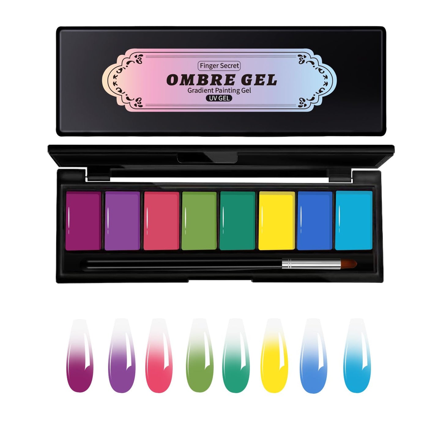 Finger Secret 8 Colors Ombre Gel Pat Nail Polish Set,Ombre Pigment for Nails,Gradient Painting Gel with 50Pcs Nail Sponges for 3D Gels Nail Art can be Painted in Salon or Home Use