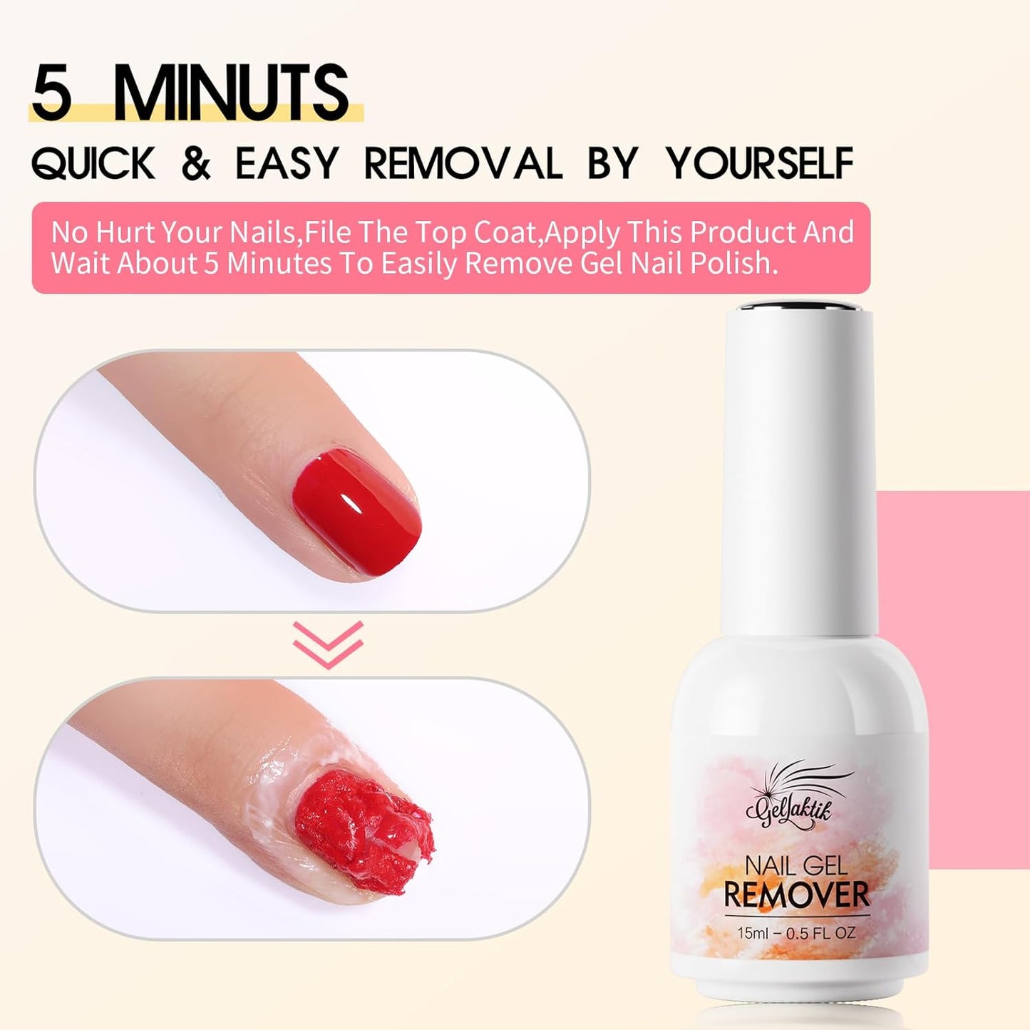 Gel Polish Remover & Cuticle Oil Kit, 2 Pack (15ml x 2), Fast No Soak No Wrap Gel Remover for Nails in 3-5 Mins, Nourishing Vitamin E & Rose Oil Cuticle Treatment
