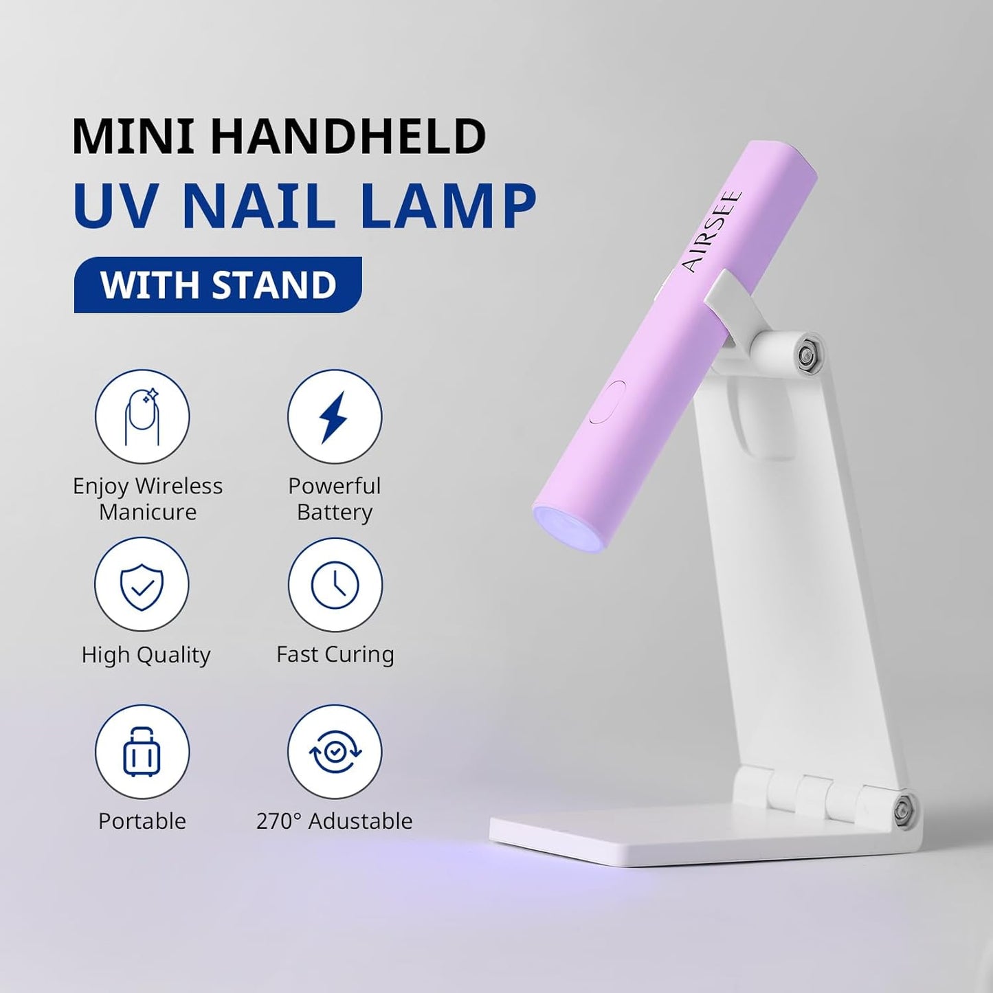 AIRSEE Mini Handheld UV Light with Stand,Portable Rechargeable Nail Lamps,2 Timers for Fast Nail Extension,Rhinestone Glue Decoration,Gel Strips at Home,Travel(Purple)