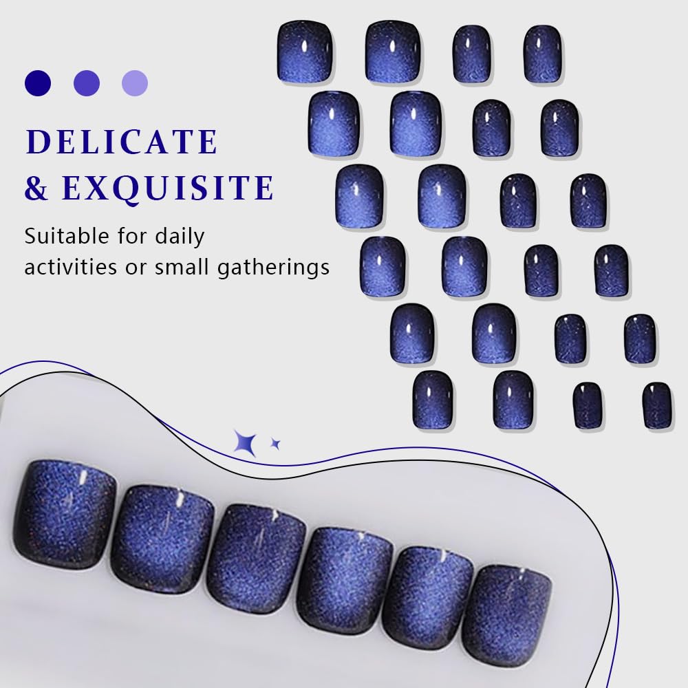 evpct Blue Cat Eye Extra Short Press on Nails Square, Petite Short Square Glue on Nails for Women Gift, Royal Blue Metallic Glitter Glossy Reusable Stick Gel Press on Acrylic Fake Nail with Designs