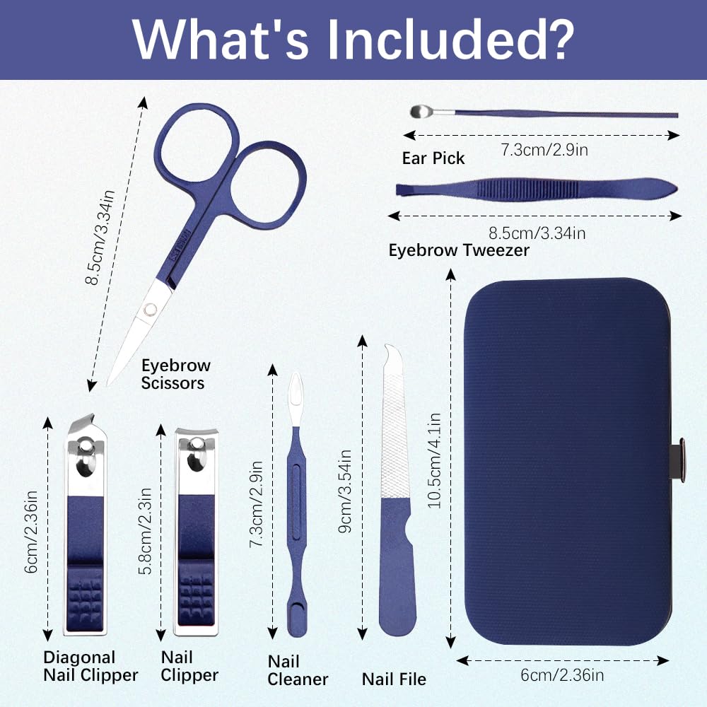Manicure Set, Nail Clipper Set 7 in 1 Stainless Steel Nail Clipper Kit Nail Clippers Manicure Kit for Men Grooming Kit Pedicure Kit Fingernail Toenail Clippers for Men Women Husband Boyfriend, Blue